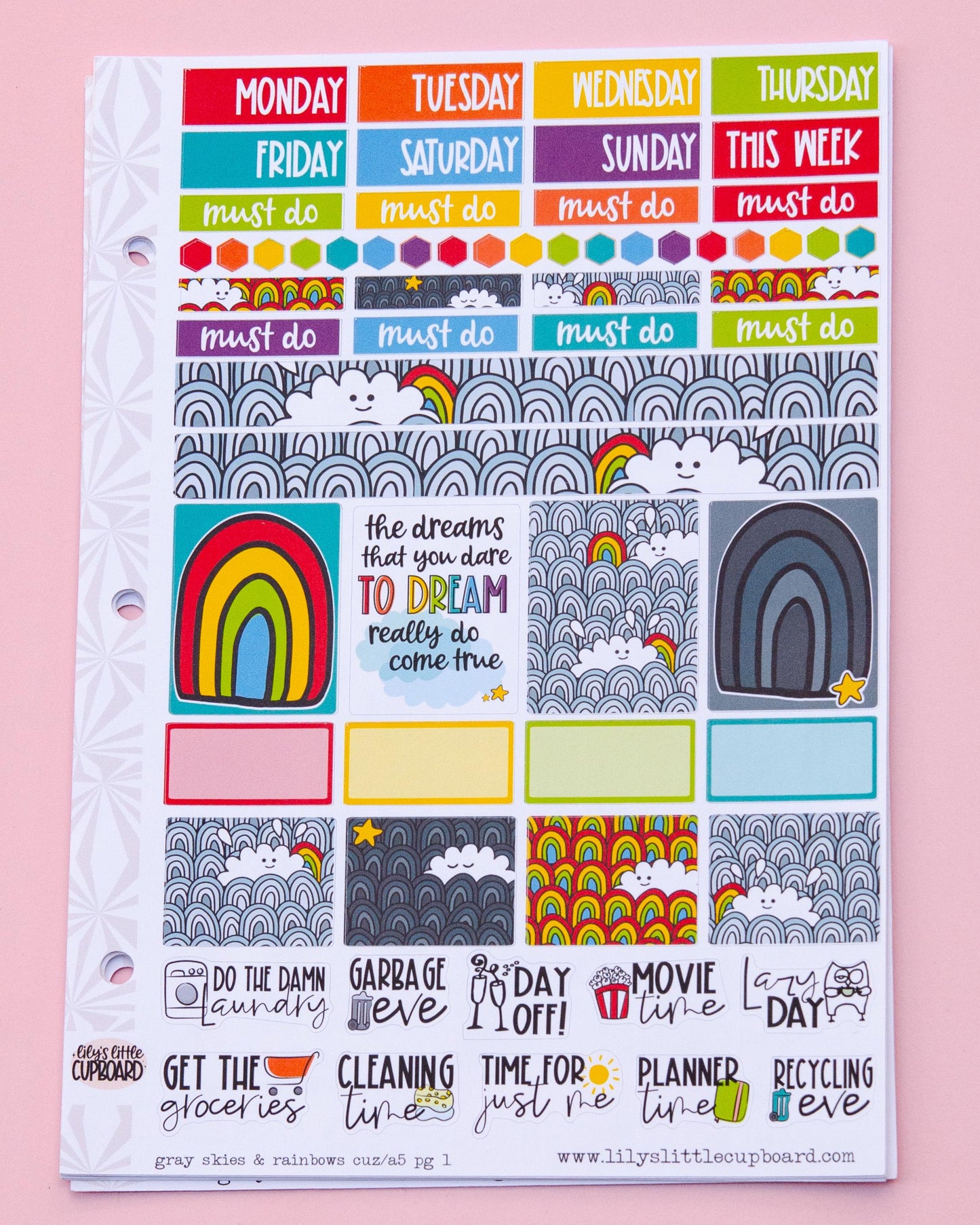 Gray Skies and Rainbows Hobonichi Cousin and Other A5 Weekly Sticker Kit in | Rainbow Sticker Kit | A5 Weekly Sticker Kit | Rainy Day Cute