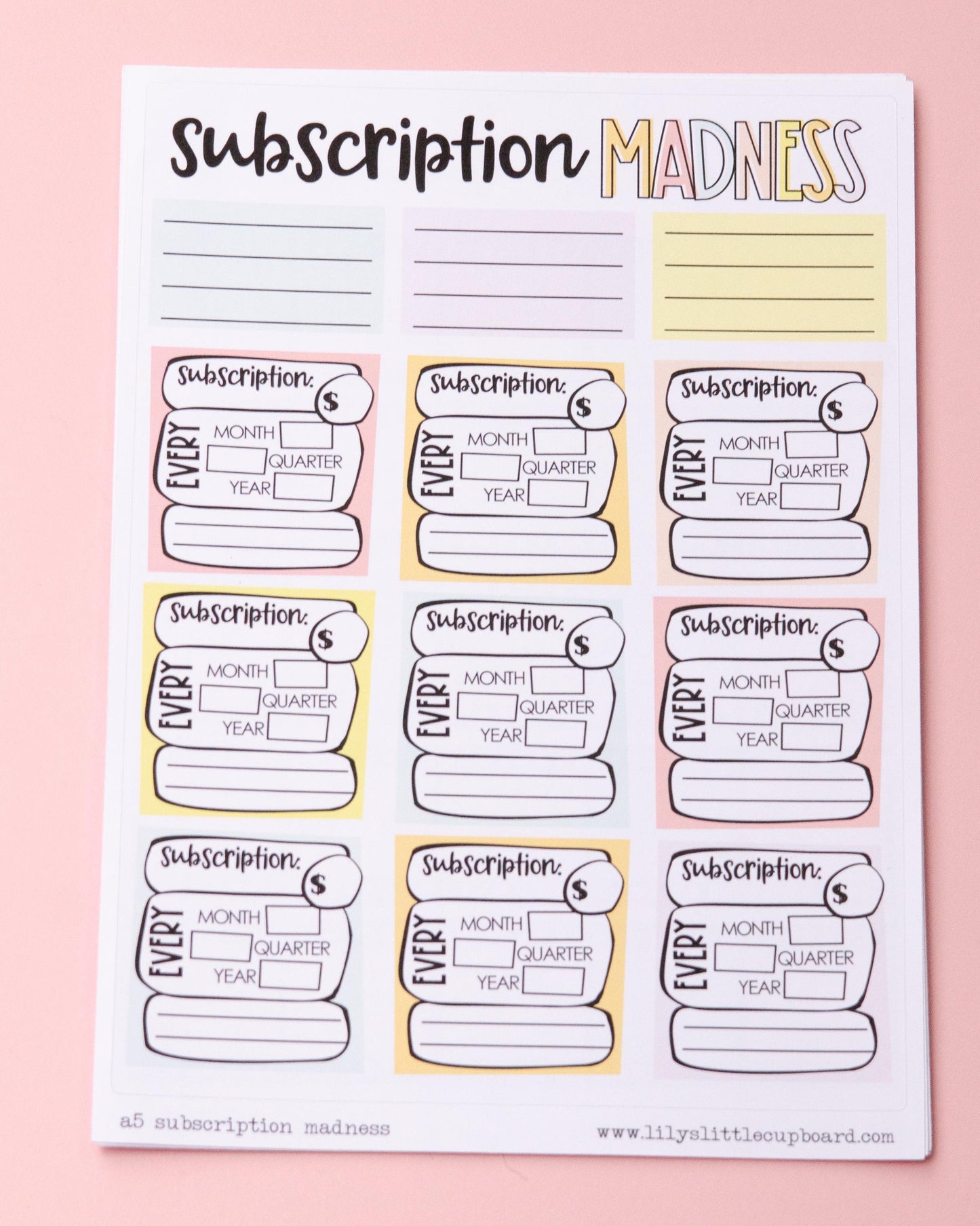 Subscription Madness Full Page Notes Page Sticker Kit | Budgeting | A5 Full Page Sticker | Finances Dashboard Planner Full Page Sticker