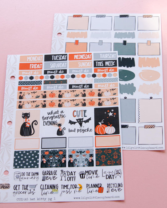 Bat Kitty Halloween Planner Stickers: Hobonichi Cousin A5 Weekly Kit