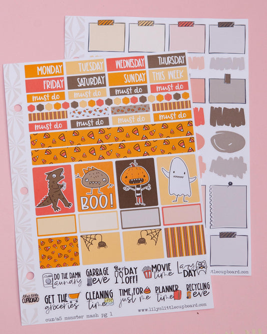 Monster Mash Halloween Hobonichi Cousin-A5 Weekly Sticker Kit | Cute Halloween Sticker Kit | A5 Weekly Planner Sticker Kit