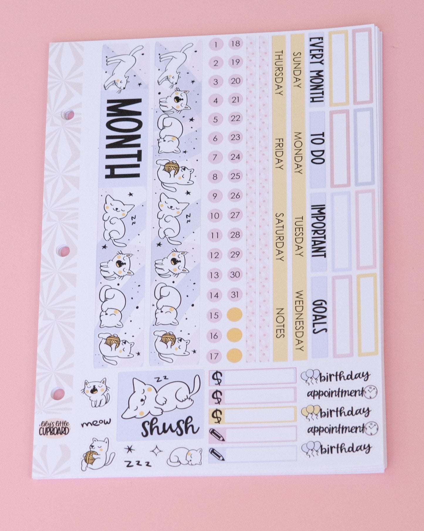 Sleepy Kitties Simple Monthly Kit | Monthly Spread Planner Kits | Monthly Planner Sticker Kits