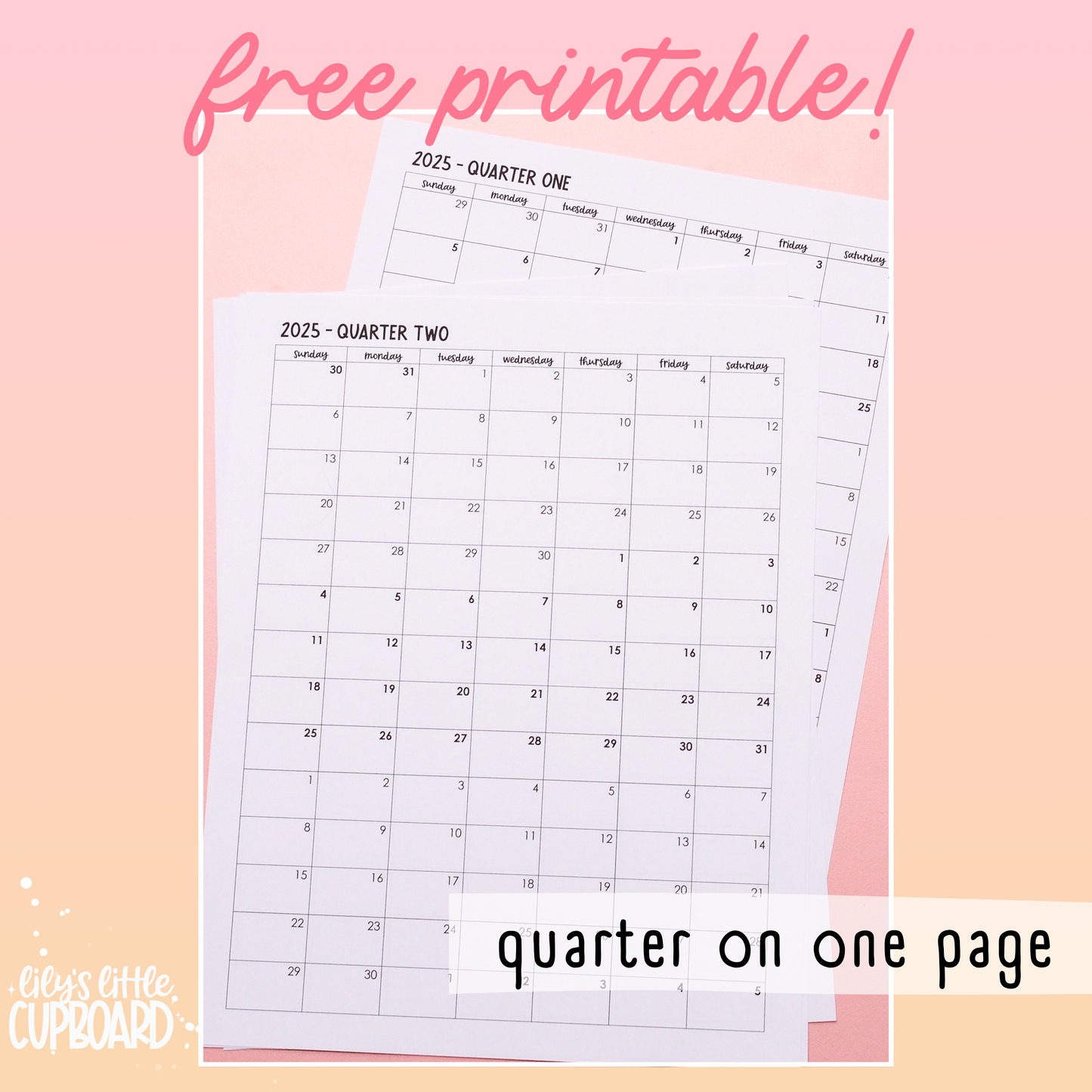 Free Printable 2025 Quarter-on-One-Page, Letter-Sized Calendar