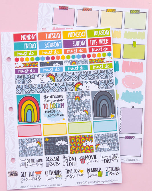 Gray Skies and Rainbows Hobonichi Cousin and Other A5 Weekly Sticker Kit in | Rainbow Sticker Kit | A5 Weekly Sticker Kit | Rainy Day Cute