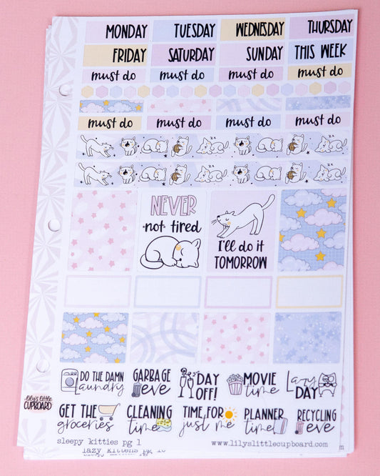 Sleepy Kitties Hobonichi Cousin and Other A5 Weekly Sticker Kit in | Cozy Day Sticker Kit | A5 Weekly Sticker Kit | Cute Kitty Cat