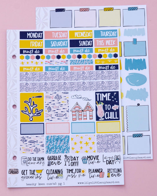 Beachy Keen Hobonichi Cousin and Other A5 Weekly Sticker Kit in | Beach Day Sticker Kit | A5 Weekly Sticker Kit | Beach Planner Cute