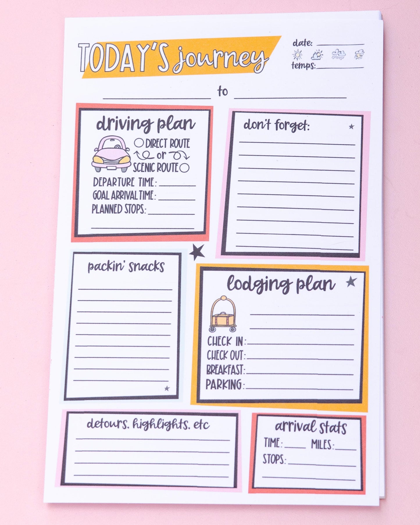 Road Trip Daily Journey Planner Notepad | Cute Travel Planning List | Planning List | Road Trip Planner | Deskpad | Handmade notepad