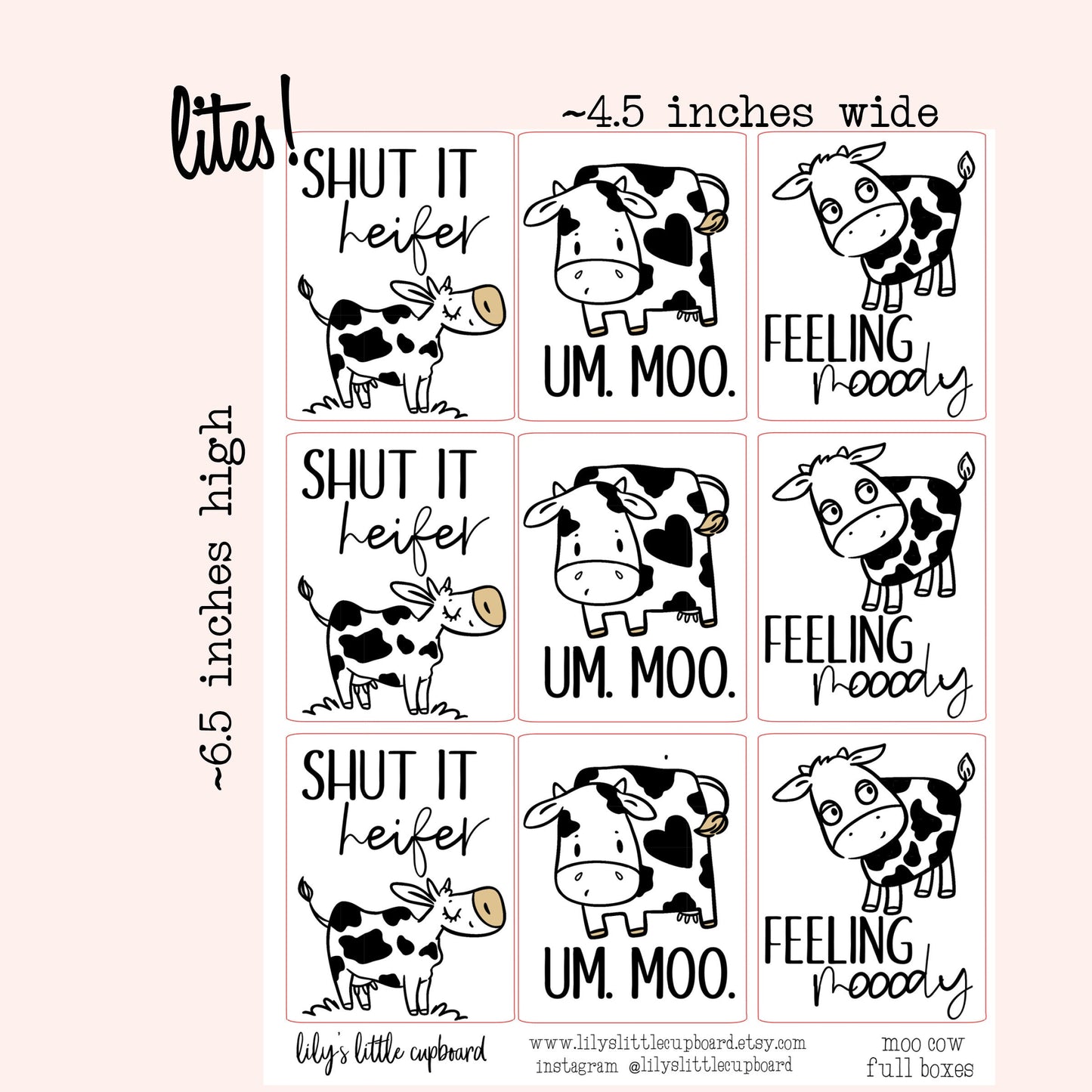 Moo Cow Full Box Stickers  | Full Box Planner Stickers | Cow Planner Stickers | Lily's Little Lites Planner Stickers  (L0H2)