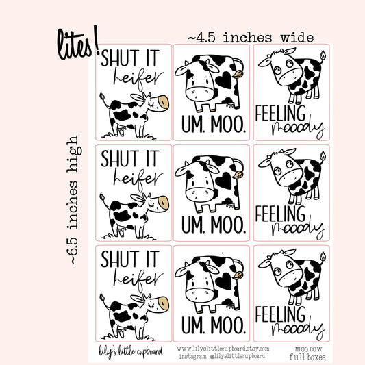 Moo Cow Full Box Stickers  | Full Box Planner Stickers | Cow Planner Stickers | Lily's Little Lites Planner Stickers  (L0H2)