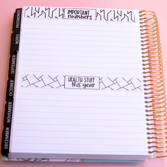 Listmaking Header Sticker Kit in Neutral | Notes Pages Kits | Two-Page Sticker Set | A la Carte Planner Kits | Planner Reference Pages