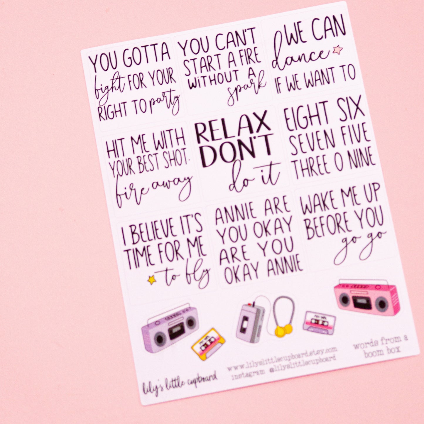 Words from a Boom Box Planner Stickers | Song Lyric Planner Stickers | 80s Planner Stickers | Lily's Little Lites Planner Stickers (L026b)