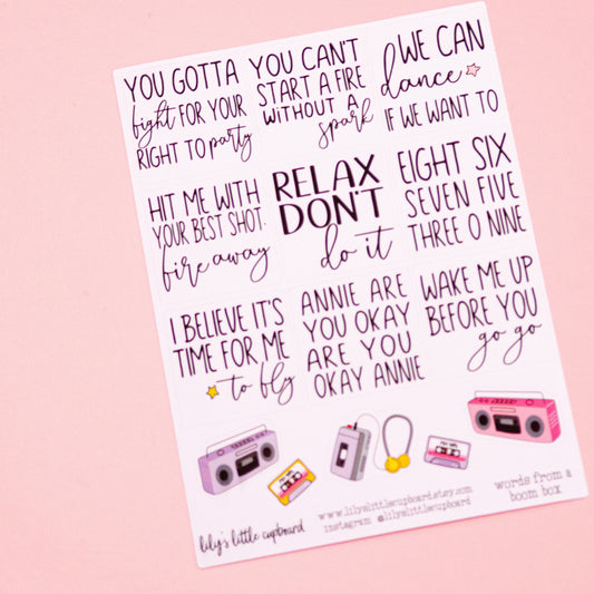 Words from a Boom Box Planner Stickers | Song Lyric Planner Stickers | 80s Planner Stickers | Lily's Little Lites Planner Stickers (L026b)