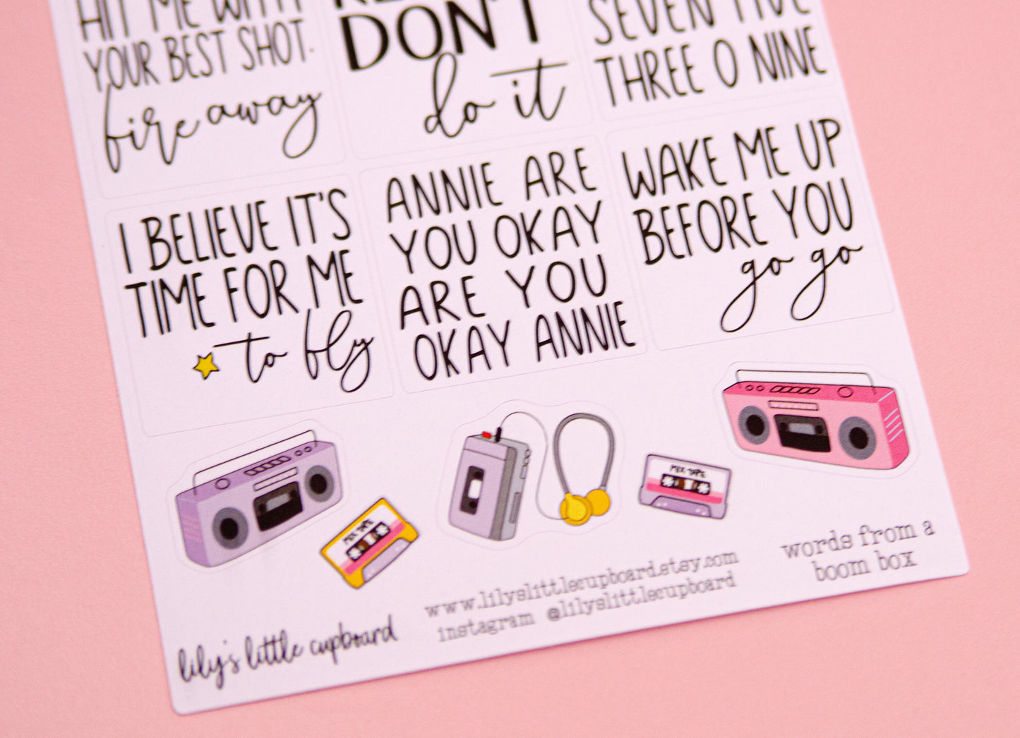 Words from a Boom Box Planner Stickers | Song Lyric Planner Stickers | 80s Planner Stickers | Lily's Little Lites Planner Stickers (L026b)