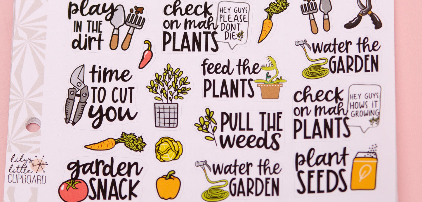 Gardening Sampler Planner Stickers | Garden Chores Script Stickers | Yardwork Stickers | Vegetable Garden Functional Stickers