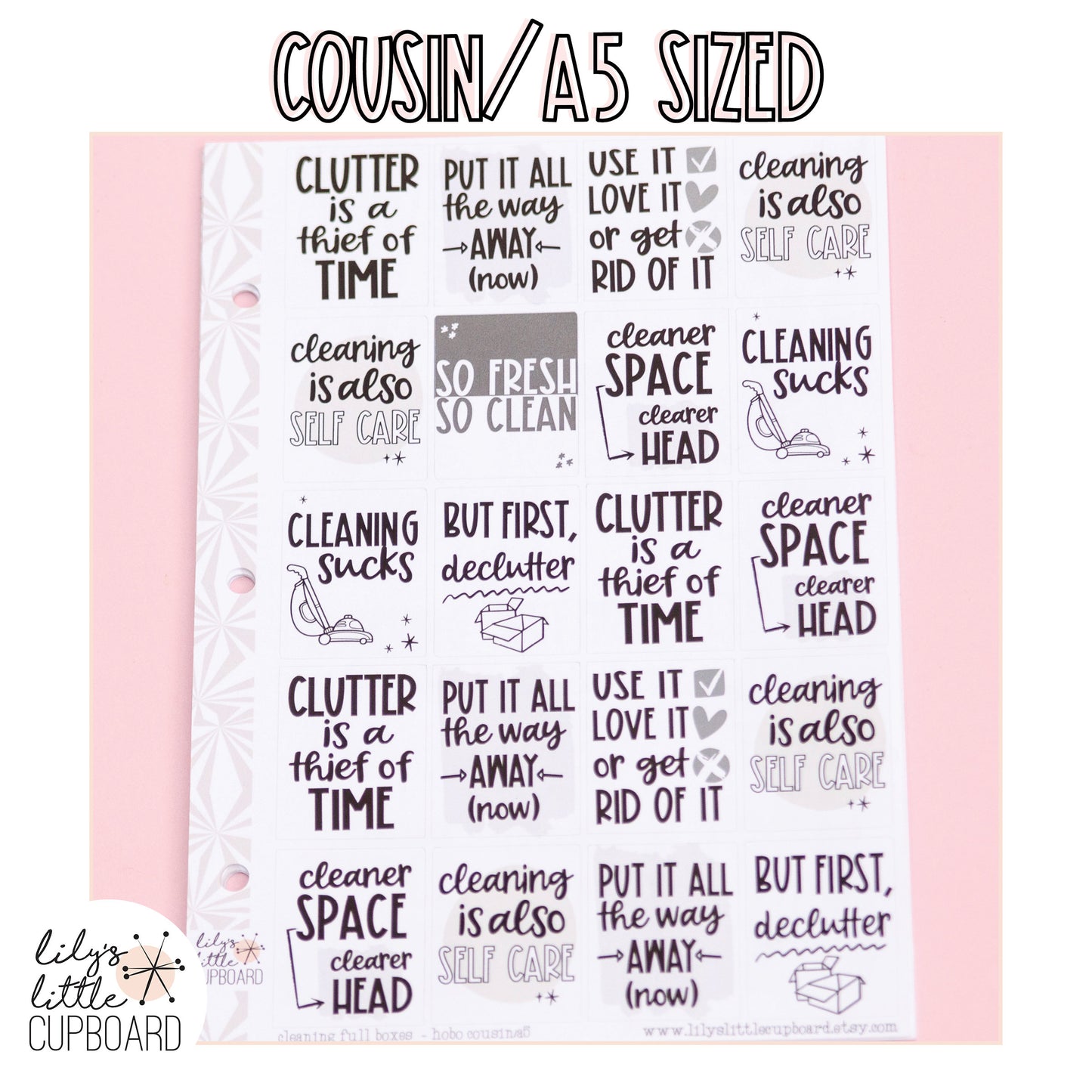 Cleaning Motivation Stickers for Smaller Planners | Hobonichi Cousin Full Box Stickers | A5 Functional Stickers |Cousin Cleaning Stickers