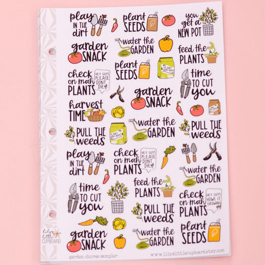 Gardening Sampler Planner Stickers | Garden Chores Script Stickers | Yardwork Stickers | Vegetable Garden Functional Stickers