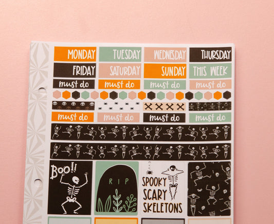 Hobonichi Cousin Weekly Sticker Kit in Spooky Scary Skeletons | Halloween Sticker Kit | A5 Weekly Planner Sticker Kit | Mini Planner Kit