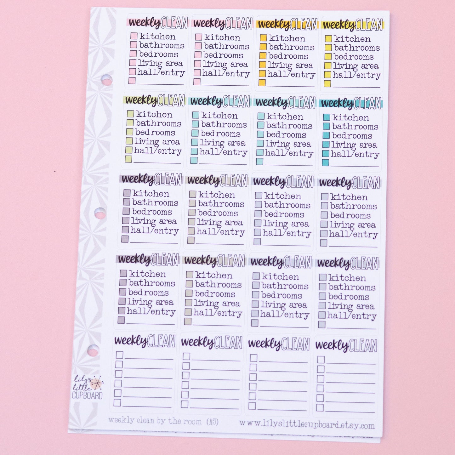A5/Hobonichi Cousin Sized Weekly Cleaning by the Room Full Box Checklist Stickers | Zone Cleaning Stickers | Checklist Planner Stickers