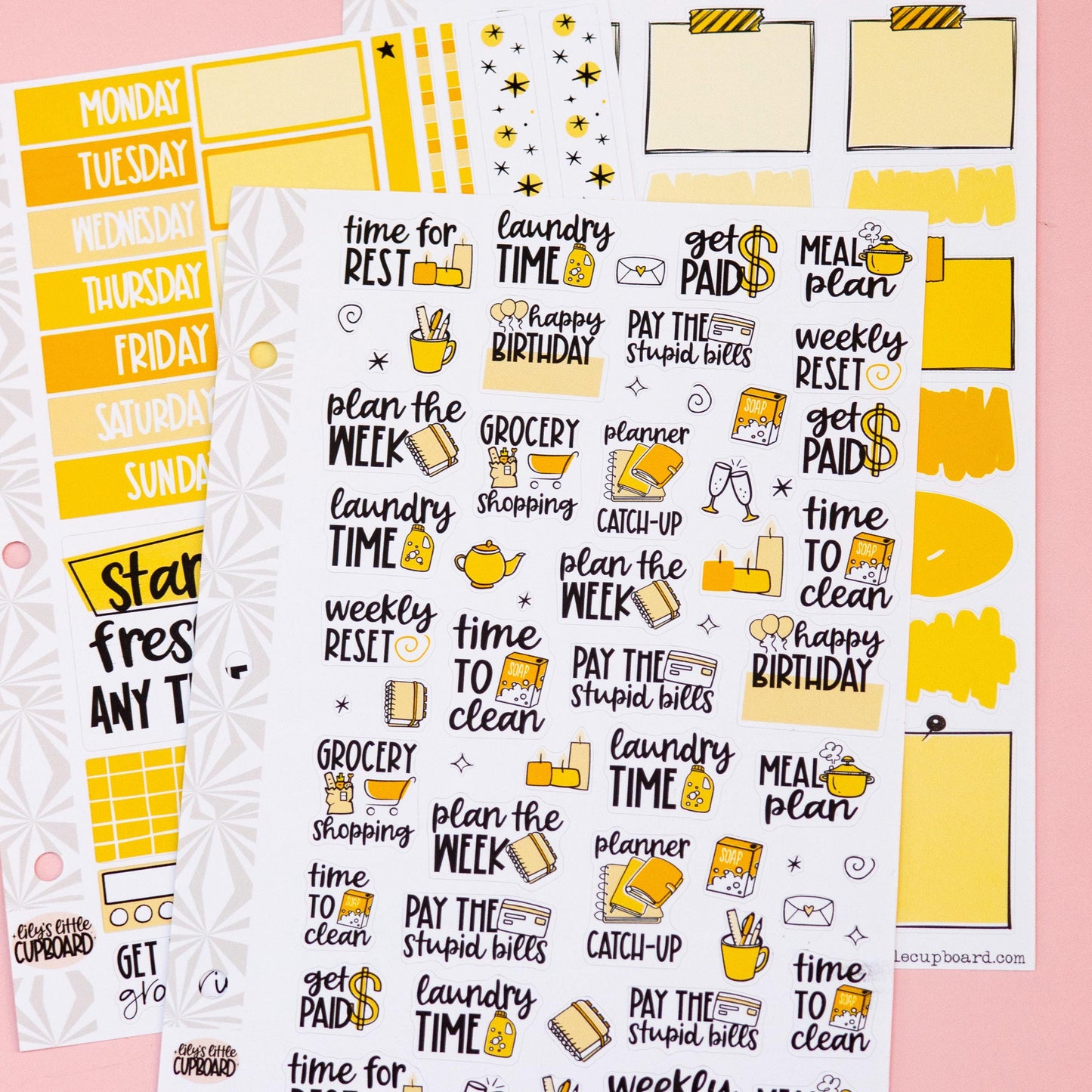 Monochrome Collection in Sunshiny Yellows | Functional Planner Stickers | Typography Scripts Planner Stickers | Weekly Planner Sticker Kit