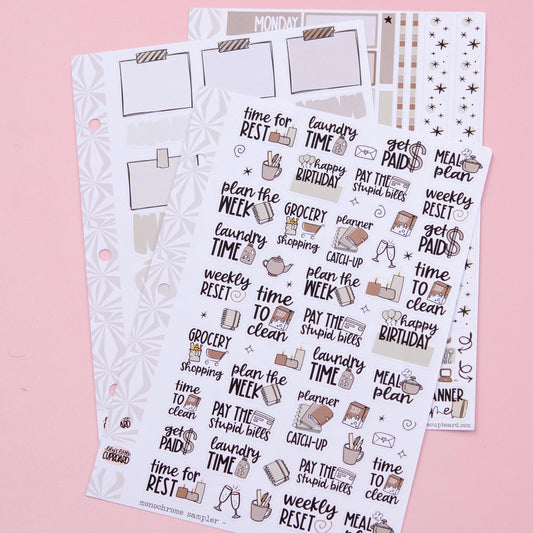 Monochrome Collection in Beige-y | Functional Planner Stickers | Typography Scripts Planner Stickers | Weekly Planner Sticker Kit