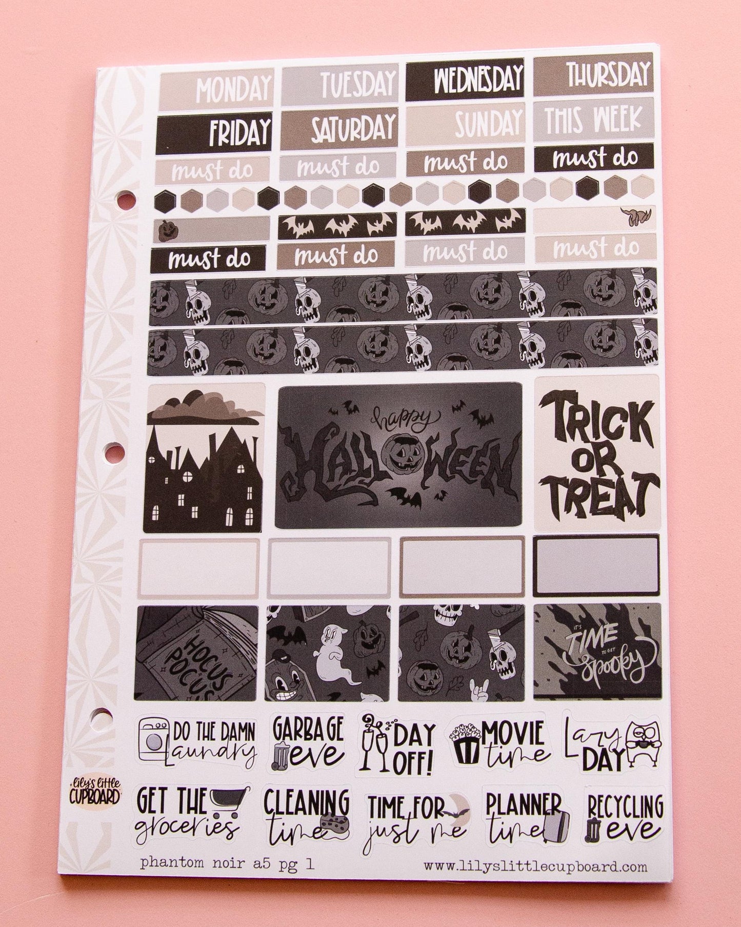 Phantom Noir Halloween Planner Stickers: Hobonichi Cousin A5 Weekly Kit