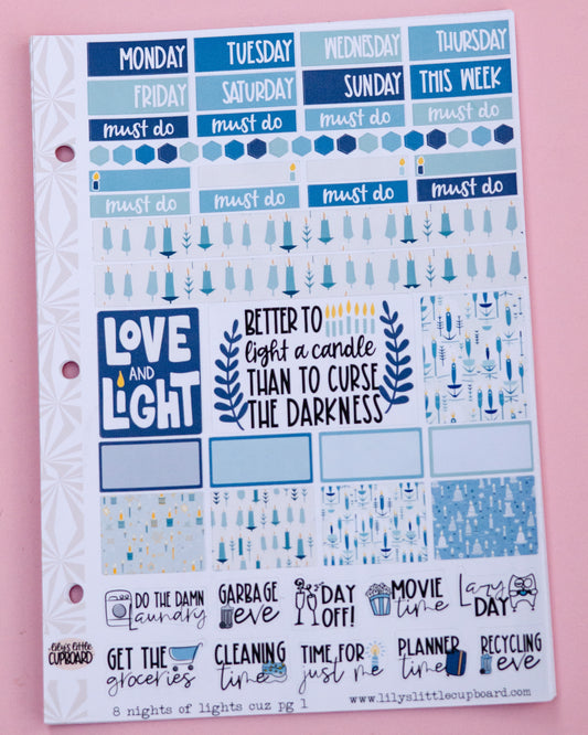 8 Nights of Lights Hanukkah Planner Stickers: Hobonichi Cousin A5 Weekly Kit