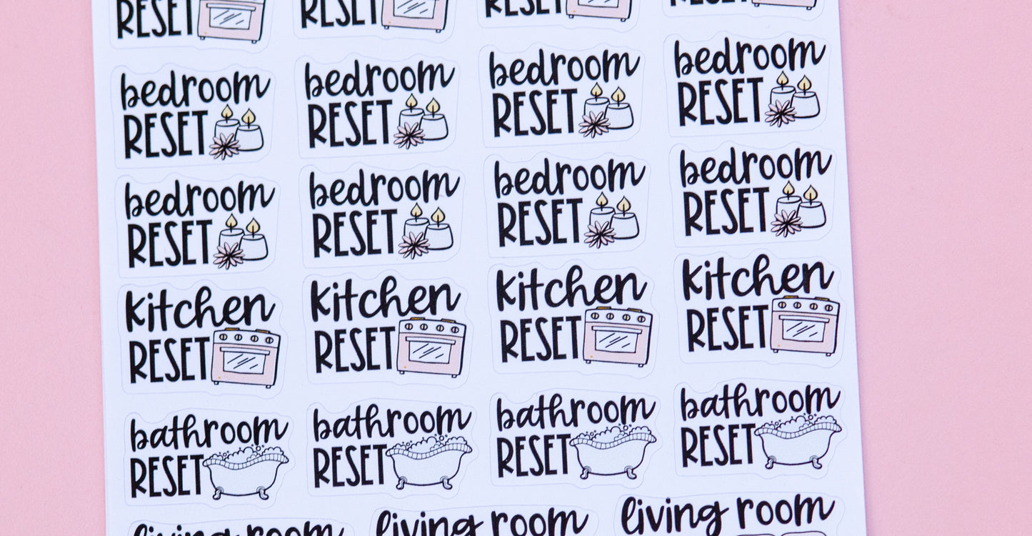 Room Reset Planner Stickers | Bathroom Chore | Bedroom Cleaning | Living Room Stickers | Kitchen Organizing Stickers