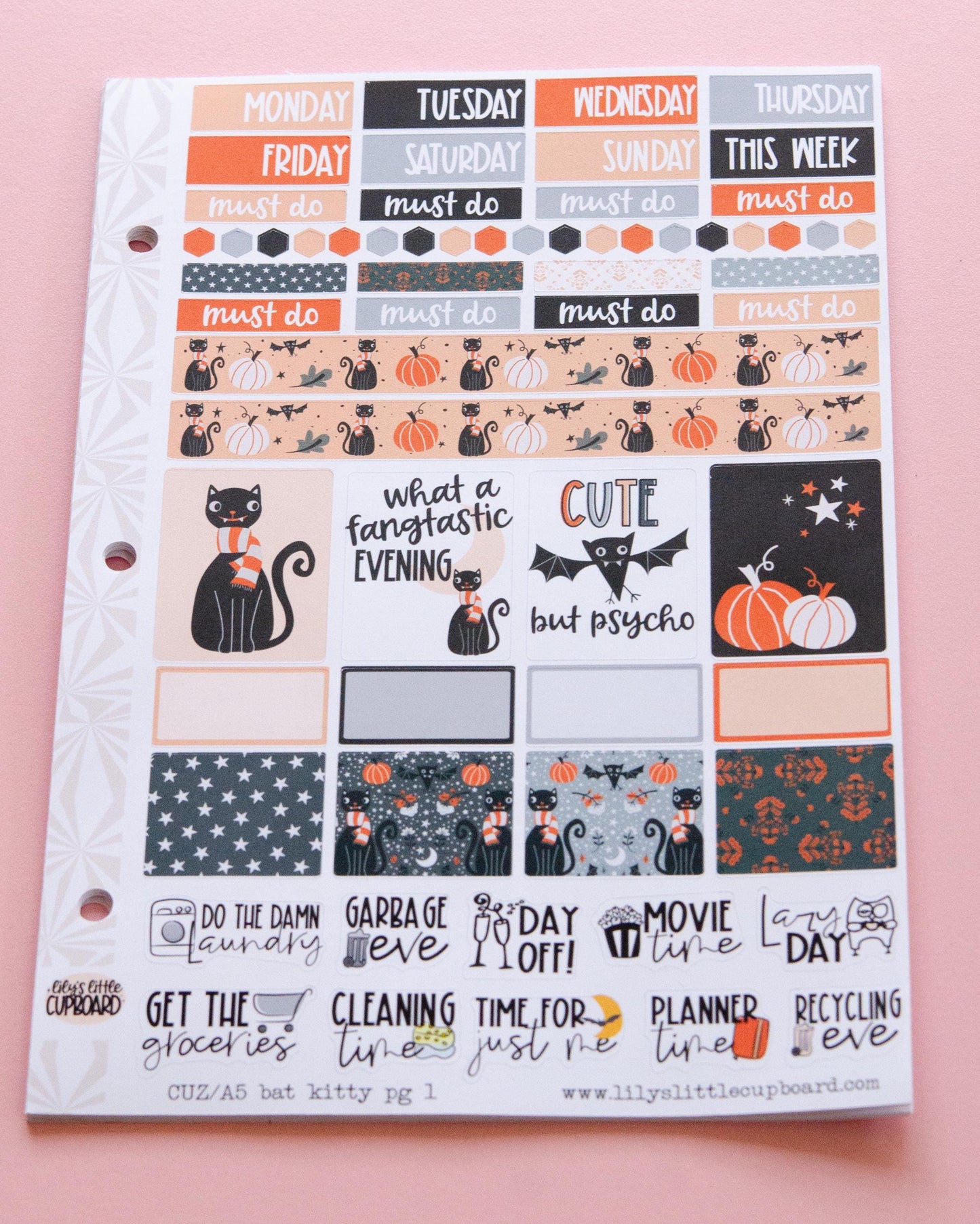 Bat Kitty Halloween Planner Stickers: Hobonichi Cousin A5 Weekly Kit